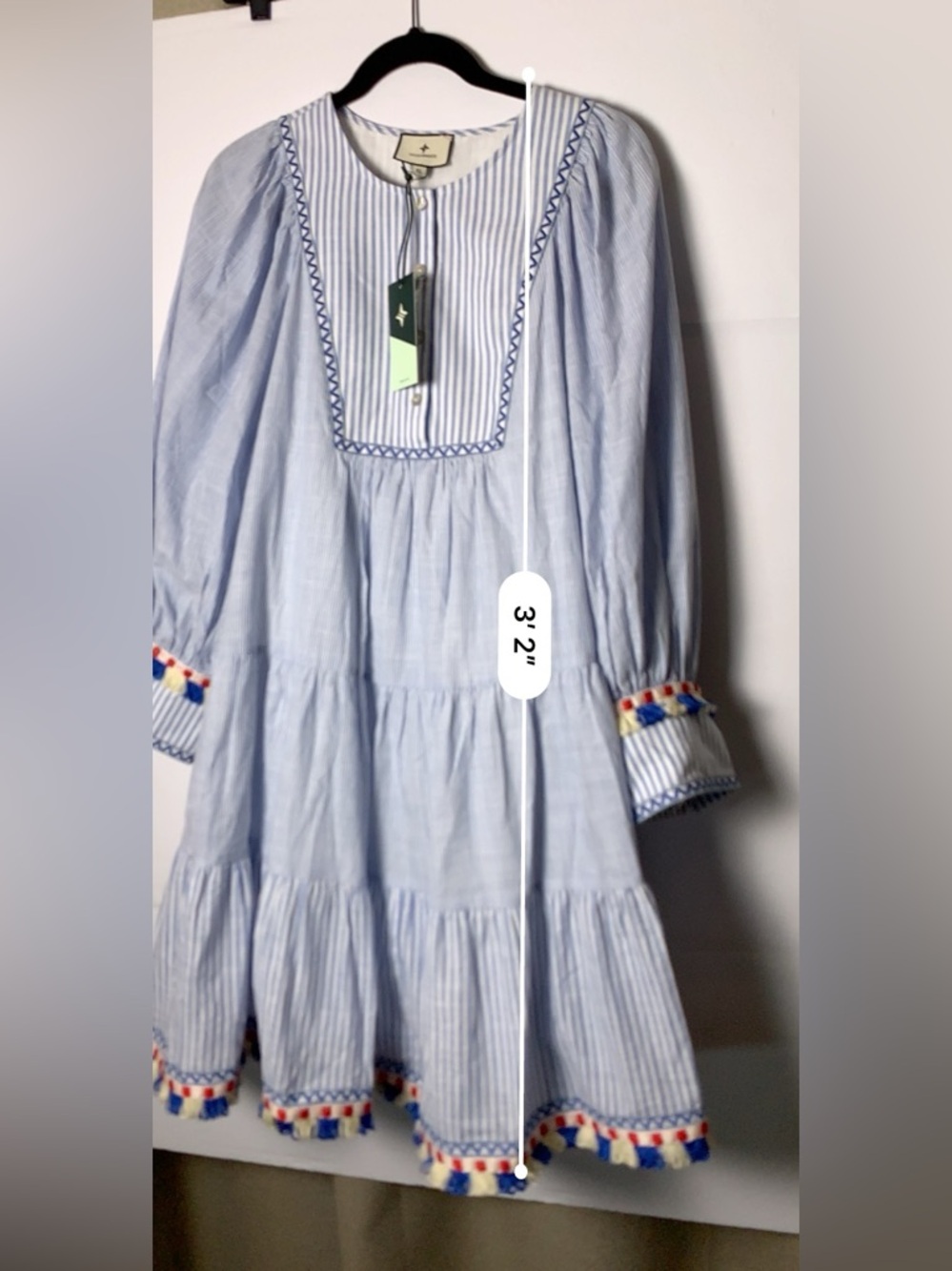 Tuckernuck Jen Dress XL NWT Chambray Blue Stripe Fringe Tassel Cotton Tiered - Picture 9 of 16